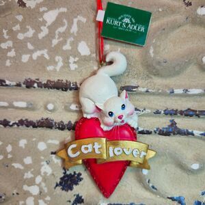 NWT Kurt Adler White Cat on Heart "Cat Lover" Christmas Tree Ornament